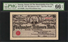 DANZIG. Senate of the Municipality - Free City. 500 Millionen Mark, 1923. P-28a. PMG Gem Uncirculated 66 EPQ.

Post WWI inflation issue. Light blue ma...