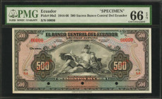 ECUADOR. El Banco Central del Ecuador. 500 Sucres, 1944-66. P-96s2. Specimen. PMG Gem Uncirculated 66 EPQ.

PMG has graded just four examples of this ...