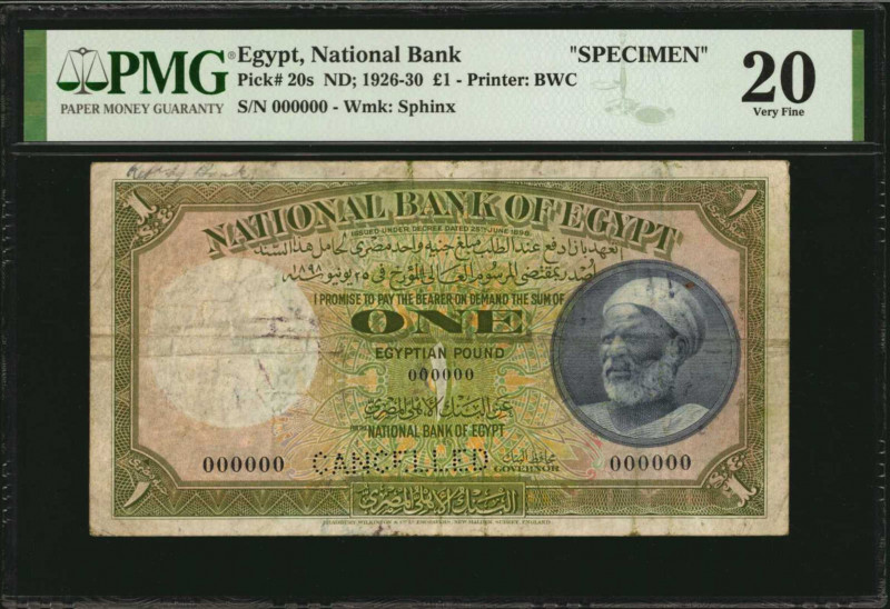 EGYPT. National Bank of Egypt. 1 Pound, 1926-30. P-20s. Specimen. PMG Very Fine ...
