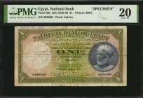 EGYPT. National Bank of Egypt. 1 Pound, 1926-30. P-20s. Specimen. PMG Very Fine 20.

Watermark of Sphinx. "Cancelled" perforated. Printed by BWC. Soli...