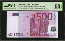 EUROPEAN UNION. European Central Bank. 500 Euro, 2002. P-14x. PMG Gem Uncirculated 66 EPQ.

A high end example of this prefix "X" (Germany) 500 Euro n...