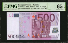 EUROPEAN UNION. European Central Bank. 500 Euro, 2002. P-19An. PMG Gem Uncirculated 65 EPQ.

Serial number prefix "n". Austria. Signature of M. Draghi...