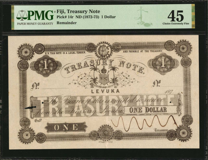 FIJI. Treasury Note. 1 Dollar, ND (1872-73). P-14r. Remainder. PMG Choice Extrem...