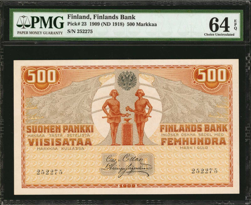 FINLAND. Finlands Bank. 500 Markkaa, 1909 (ND 1918). P-23. PMG Choice Uncirculat...