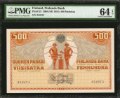 FINLAND. Finlands Bank. 500 Markkaa, 1909 (ND 1918). P-23. PMG Choice Uncirculated 64 EPQ.

Blacksmiths at center with hammers over an anvil. Czarist ...