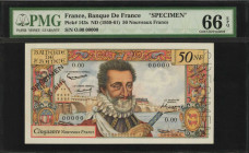 FRANCE. Banque de France. 50 Nouveaux Francs, ND (1959-61). P-143s. Specimen. PMG Gem Uncirculated 66 EPQ.

Specimen perforated with black specimen ov...