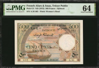 FRENCH AFARS & ISSAS. Lot of (2). Tresor Public. 500 Francs, ND (1952-73). P-27 & 31. PMG Choice Uncirculated 63 EPQ & 64.

Included in this lot are P...