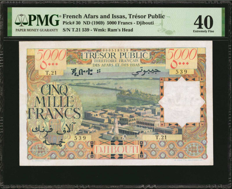 FRENCH AFARS & ISSAS. Tresor Public. 5000 Francs, ND (1969). P-30. PMG Extremely...