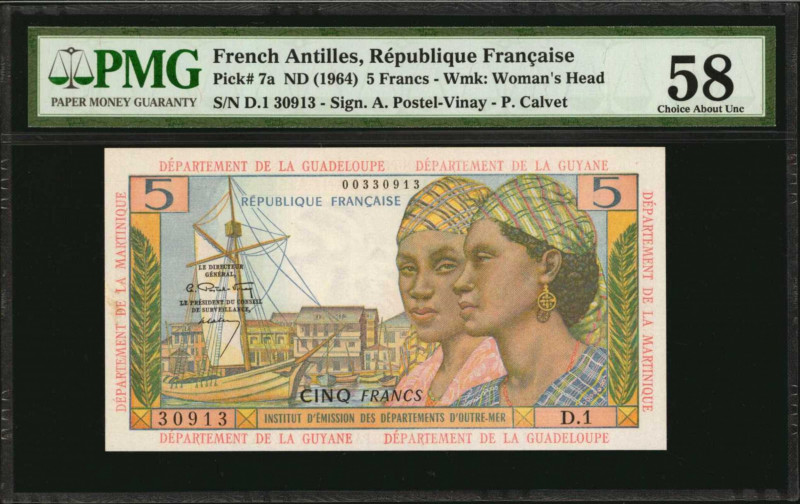 FRENCH ANTILLES. Republique Francaise. 5 Francs, ND (1964). P-7a. PMG Choice Abo...