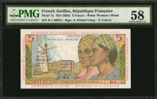 FRENCH ANTILLES. Republique Francaise. 5 Francs, ND (1964). P-7a. PMG Choice About Uncirculated 58.

Watermark of woman's head. Printed signatures of ...