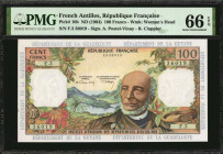 FRENCH ANTILLES. Republique Francaise. 100 Francs, ND (1964). P-10b. PMG Gem Uncirculated 66 EPQ.

Watermark of woman's head. Printed signatures of A....