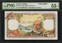 FRENCH ANTILLES. Institut D'Emission des Departments D'Outre-Mer. 100 Francs, ND (1964). P-10s. Specimen. PMG About Uncirculated 55 EPQ.

Black Specim...