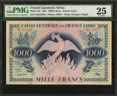 FRENCH EQUATORIAL AFRICA. Caisse Centrale de la France. 1000 Francs, 1941. P-14a. PMG Very Fine 25.

A scarce note, seen with phoenix rising from flam...