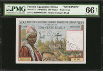 FRENCH EQUATORIAL AFRICA. Institut D'Emission de L'Afrique Equatoriale. 500 Francs, ND (1957). P-33s. Specimen. PMG Gem Uncirculated 66 EPQ.

Cameroun...