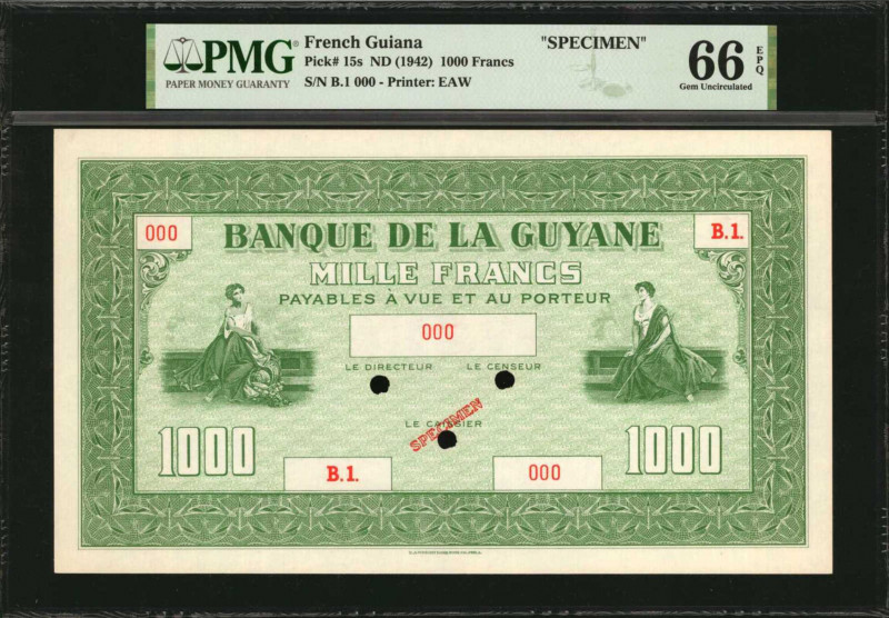 FRENCH GUIANA. Banque de la Guyane. 1000 Francs, ND (1942). P-15s. Specimen. PMG...