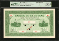 FRENCH GUIANA. Banque de la Guyane. 1000 Francs, ND (1942). P-15s. Specimen. PMG Gem Uncirculated 66 EPQ.

Printed by EAW Perforations with red specim...