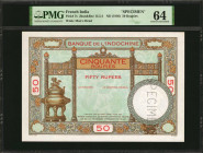 FRENCH INDIA. Banque de L'Indo-Chine. 50 Roupies, ND (1936). P-7s. Specimen. PMG Choice Uncirculated 64.

Specimen perforated. A scarce and beautiful ...