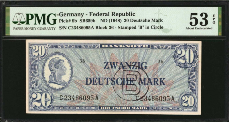 GERMANY, FEDERAL REPUBLIC. Federal Republic. 20 Deutsche Mark, ND (1948). P-9b. ...