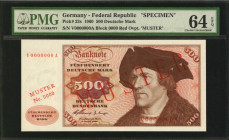 GERMANY, FEDERAL REPUBLIC. De utsche Bundesbank. 500 Deutsche Mark, 1960. P-23s. Specimen. PMG Choice Uncirculated 64 EPQ.

Red overprint "Muster." A ...