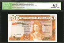 GIBRALTAR. Government of Gibraltar. 20 Pounds, 1986. P-23c. ICG Uncirculated 63.

Signature of Traynor. Printed by TDLR. QEII at right of center with ...