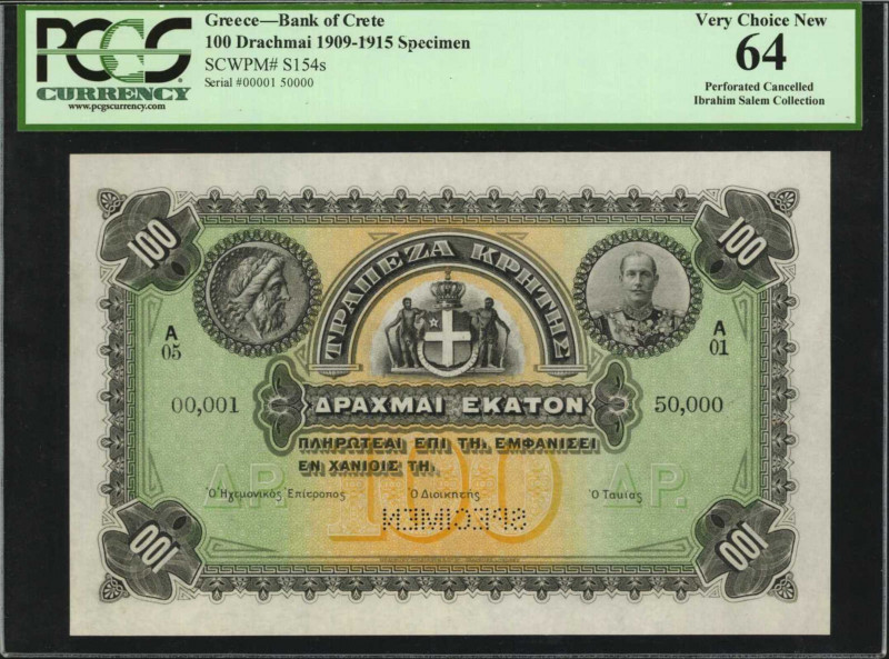 GREECE. Bank of Crete. 100 Drachmai, 1909-15. P-S154s. Specimen. PCGS Currency V...