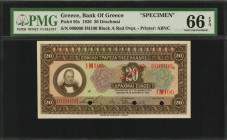GREECE. Bank of Greece. 20 Drachmai, 1926. P-95s. Specimen. PMG Gem Uncirculated 66 EPQ.

Block A. Red specimen overprint. Printed by ABNC. PMG has gr...