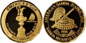 AMERICAN SAMOA. 50 Dollars, 1988. NGC PROOF-69 Ultra Cameo.

Fr-3, KM-4. Mintage: 100. Issued for the America's Cup, a prize in the world of yachting,...