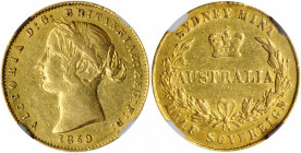 AUSTRALIA. 1/2 Sovereign, 1859/8-SYDNEY. Sydney Mint. Victoria. NGC AU-50.

Fr-10a; KM-3. Overdate variety. Despite some scattered marks and light han...