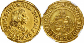 AUSTRIA. Salzburg. 5 Ducat, 1513. Leonhard von Keutschach. NGC AU-58.

Fr-576 (this coin illustrated). 17.35 grams. Obverse: Aged bust right in heavil...