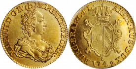 AUSTRIAN NETHERLANDS. Souverain d'Or, 1749. Antwerp Mint. Maria Theresa. PCGS MS-62 Gold Shield.

Fr-131 (under Belgium); KM-11. Large Planchet (27mm)...
