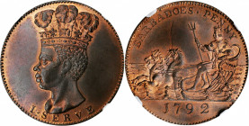 BARBADOS. Copper Penny Restrike, 1792. NGC PROOF-66 Red Brown.

KM-Tn10; Prid-23. Virtually free of handling, this lovely Gem displays faded coloratio...