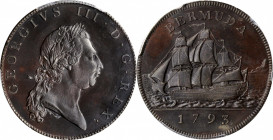 BERMUDA. Bronzed Copper Penny, 1793. Soho (Birmingham) Mint. George III. PCGS PROOF-64 Gold Shield.

KM-5a; Prid-5a. Mintage: 50. This beautifully pre...