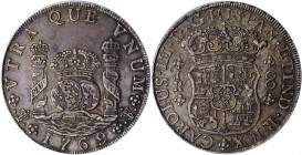 BOLIVIA. 8 Reales, 1769-PTS JR. Potosi Mint. Charles III. PCGS AU-55 Gold Shield.

KM-50. Variety with curved/round 9, dot after king's name, and thre...