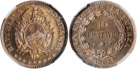 BOLIVIA. Copper-Nickel 10 Centavos, 1883-A. Paris Mint. NGC PROOF-66.

KM-170.1. A  RARE  Gem in Proof, this shimmering specimen is nearly fully russe...