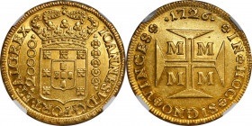 BRAZIL. 20000 Reis, 1726-M. Minas Gerais Mint. Joao V. NGC MS-63.

Fr-33; KM-117. An ever-popular issue, this large gold type presents an exceptionall...