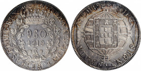 BRAZIL. 960 Reis, 1819-R. Rio de Janeiro Mint. Joao VI. PCGS MS-64 Gold Shield.

KM-326.1; LDMB-P477; Gomes-J6.25.06.  SCARCE  host coin; struck over ...