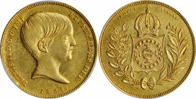 BRAZIL. 10000 Reis, 1834. Rio de Janeiro Mint. Pedro II. PCGS AU-55 Gold Shield.

Fr-117; KM-451; LDMB-616. Mintage: 5,617. A fairly  SCARCE  type, th...