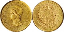 BRAZIL. 10000 Reis, 1921. Rio de Janeiro Mint. PCGS AU-58.

Fr-125; KM-496; LDMB-709. The penultimate date in the series, though practically the final...