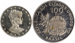 BRAZIL. 100 Reis, 1901. Rio de Janeiro Mint. PCGS PROOF-64.

KM-503; cf. LDMB-V054. Roman numeral date. Bright and flashy, this proof quality 20th Cen...