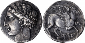 SICILY. Siculo-Punic. Uncertain Punic Mint. AR 5 Shekels (Dekadrachm) (36.45 gms), ca. 264-241 B.C. NGC Ch EF, Strike: 5/5 Surface: 2/5. Fine Style.

...
