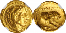 MACEDON. Kingdom of Macedon. Time of Philip II to Alexander III (the Great), ca. 340/36-328 B.C. AV Hemistater (4.29 gms), Amphipolis Mint. NGC EF, St...