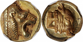 LESBOS. Mytilene. EL Hekte (2.56 gms), ca. 521-478 B.C. NGC Ch AU, Strike: 4/5 Surface: 5/5.

Bodenstedt-13; HGC-6, 938. Obverse: Head of roaring lion...