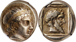LESBOS. Mytilene. EL Hekte (2.57 gms), ca. 454-428/7 B.C. NGC Ch EF, Strike: 4/5 Surface: 5/5.

Bodenstedt-52; HGC-6, 978. Obverse: Young male head ri...