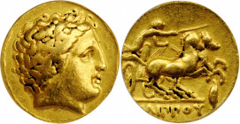 MACEDON. Kingdom of Macedon. Time of Philip II to Alexander III (the Great), 359-323 B.C. AV Stater, Amphipolis Mint, ca. 340/36-328 B.C. ANACS EF 40....