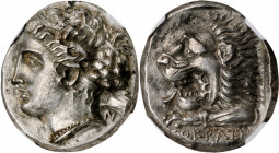 CARIA. Knidos. AR Tetradrachm (14.48 gms), ca. 395-380 B.C. NGC AU, Strike: 5/5 Surface: 2/5. Brushed.

Hecatomnus-4b (A3/P4 -- this coin). [K]leokrat...