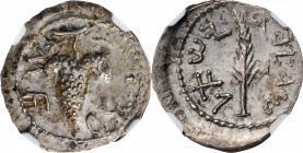 JUDAEA. Bar Kochba Revolt, 132-135 C.E. AR Zuz (3.04 gms), Jerusalem Mint, Year 2 (133/4 C.E.). NGC MS, Strike: 4/5 Surface: 4/5. Overstruck.

Mildenb...