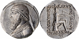 PARTHIA. Mithradates II, 121-91 B.C. AR Tetradrachm (15.72 gms), Seleukeia on the Tigris Mint, ca. 120/19-109 B.C. NGC Ch AU, Strike: 5/5 Surface: 4/5...