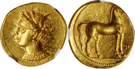 ZEUGITANA. Carthage. AV Stater (9.40 gms), Carthage Mint, ca. 350-320 B.C. NGC MS, Strike: 4/5 Surface: 4/5.

MAA-4; SNG Cop-Unlisted. Obverse: Wreath...