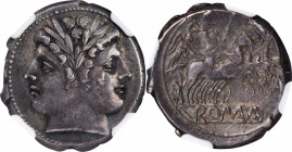 ROMAN REPUBLIC. Anonymous. AR Quadrigatus (Didrachm) (6.59 gms), Rome Mint, ca. 225-214 B.C. NGC Ch EF, Strike: 4/5 Surface: 4/5.

Cr-28/3; Syd-65; RS...