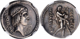 ROMAN REPUBLIC. Q. Pomponius Musa. AR Denarius (3.61 gms), Rome Mint, 56 B.C. NGC Ch EF★, Strike: 5/5 Surface: 4/5.

Cr-410/1; Syd-810. Obverse: Diade...